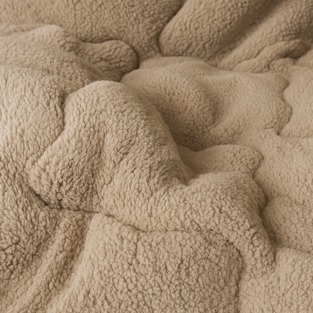 Luxe Abrigu Teddybed in taupe met zachte teddy bovenzijde en microvezel onderzijde. Comfortabel, stijlvol en geschikt voor elk seizoen.