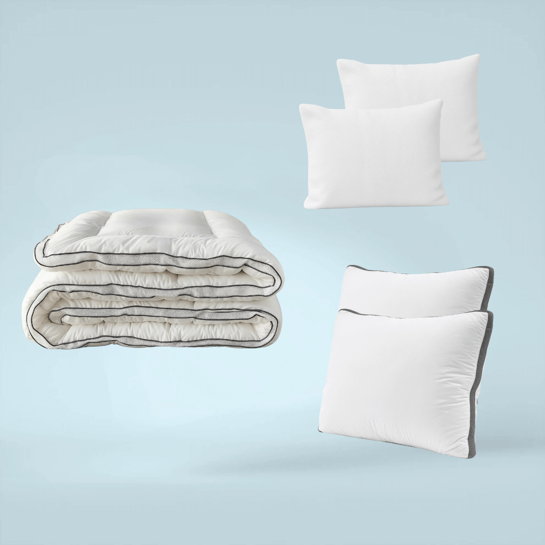 Easybed 3D Air Wit bundel met gratis 3D traagschuim hoofdkussen(s). Luxe ademend dekbed met vaste overtrek en perfecte temperatuurregeling het hele jaar door.