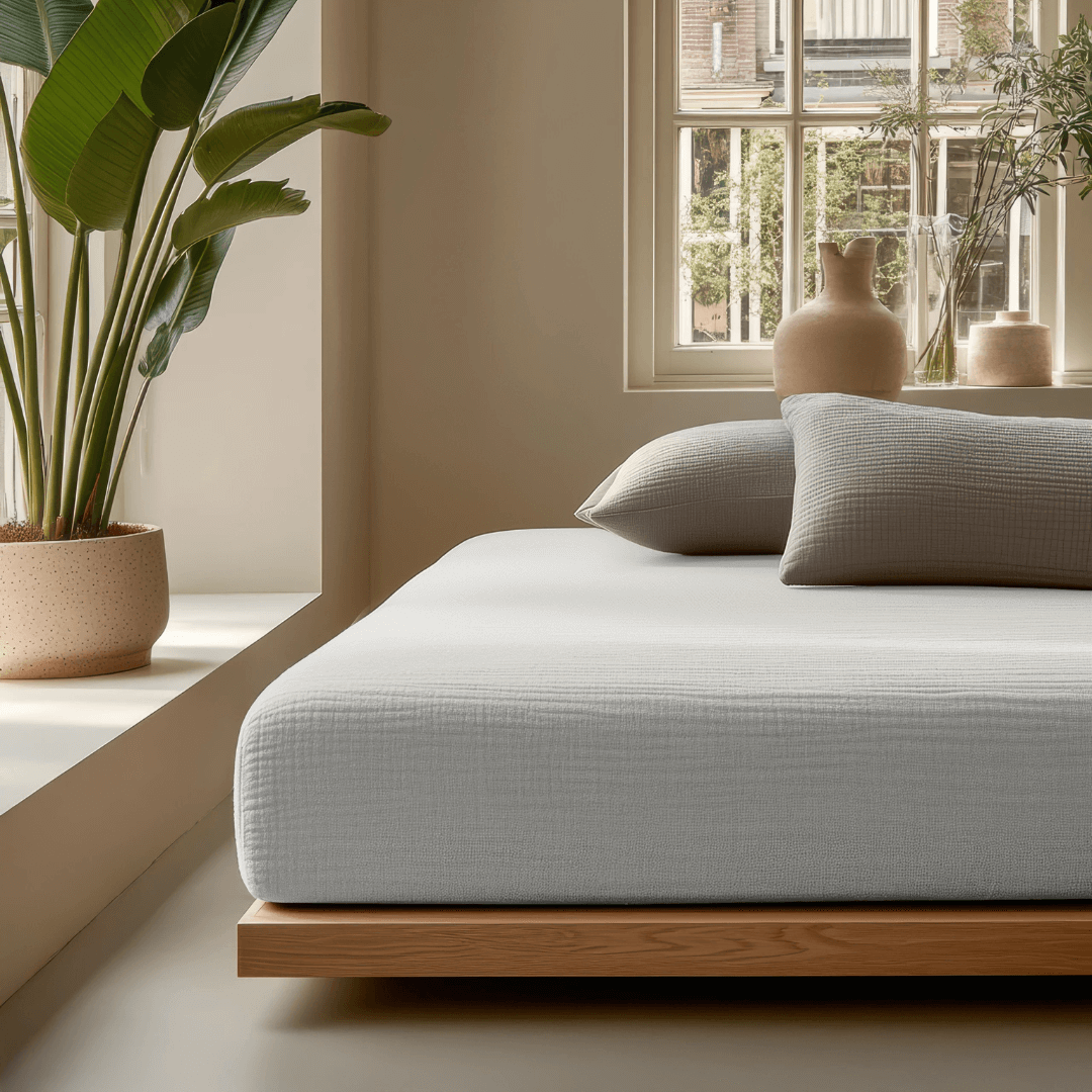 Mousseline hoeslaken grijs van Abrigu. Gemaakt van ademend katoen met natuurlijke stretch, zacht, duurzaam en geschikt voor elk seizoen.