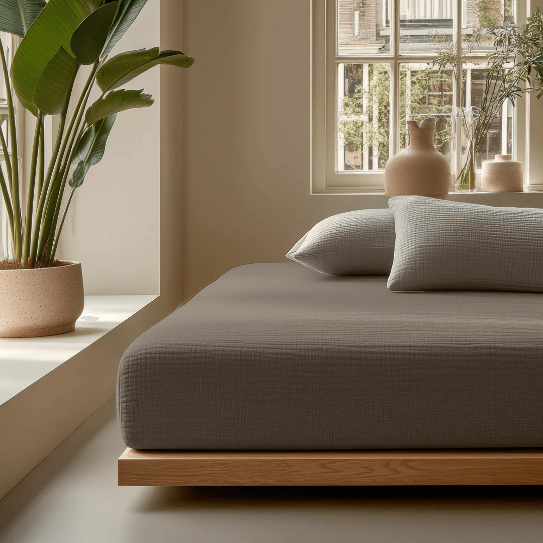 Mousseline hoeslaken taupe van Abrigu. Gemaakt van ademend katoen met natuurlijke stretch, zacht, duurzaam en geschikt voor elk seizoen.