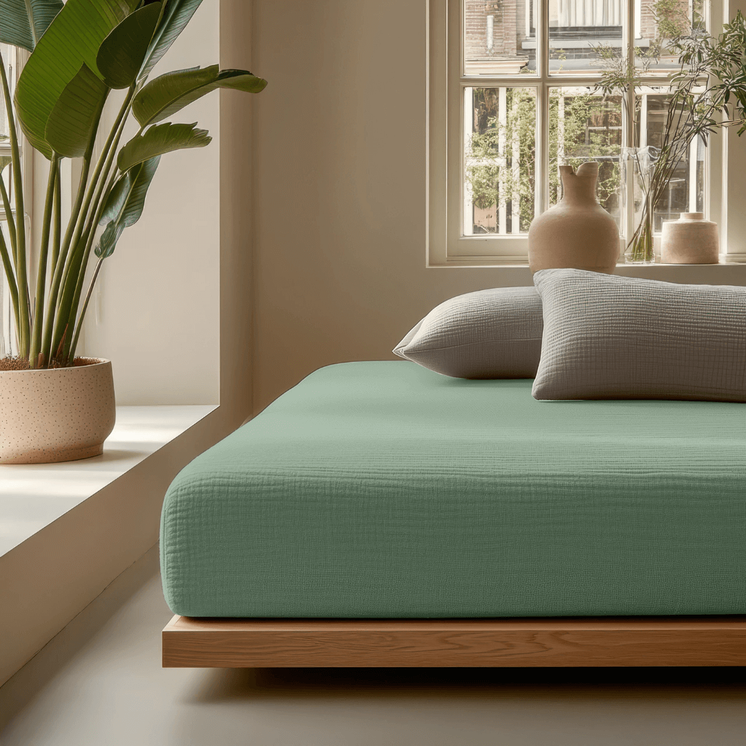 Mousseline hoeslaken groen van Abrigu. Gemaakt van ademend katoen met natuurlijke stretch, zacht, duurzaam en geschikt voor elk seizoen.