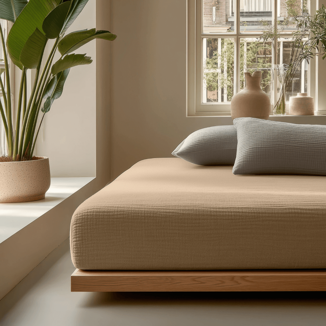 Mousseline hoeslaken nude van Abrigu. Gemaakt van ademend katoen met natuurlijke stretch, zacht, duurzaam en geschikt voor elk seizoen.