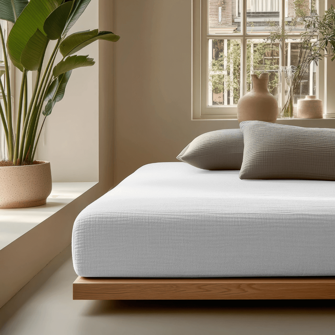 Mousseline hoeslaken wit van Abrigu. Gemaakt van ademend katoen met natuurlijke stretch, zacht, duurzaam en geschikt voor elk seizoen.