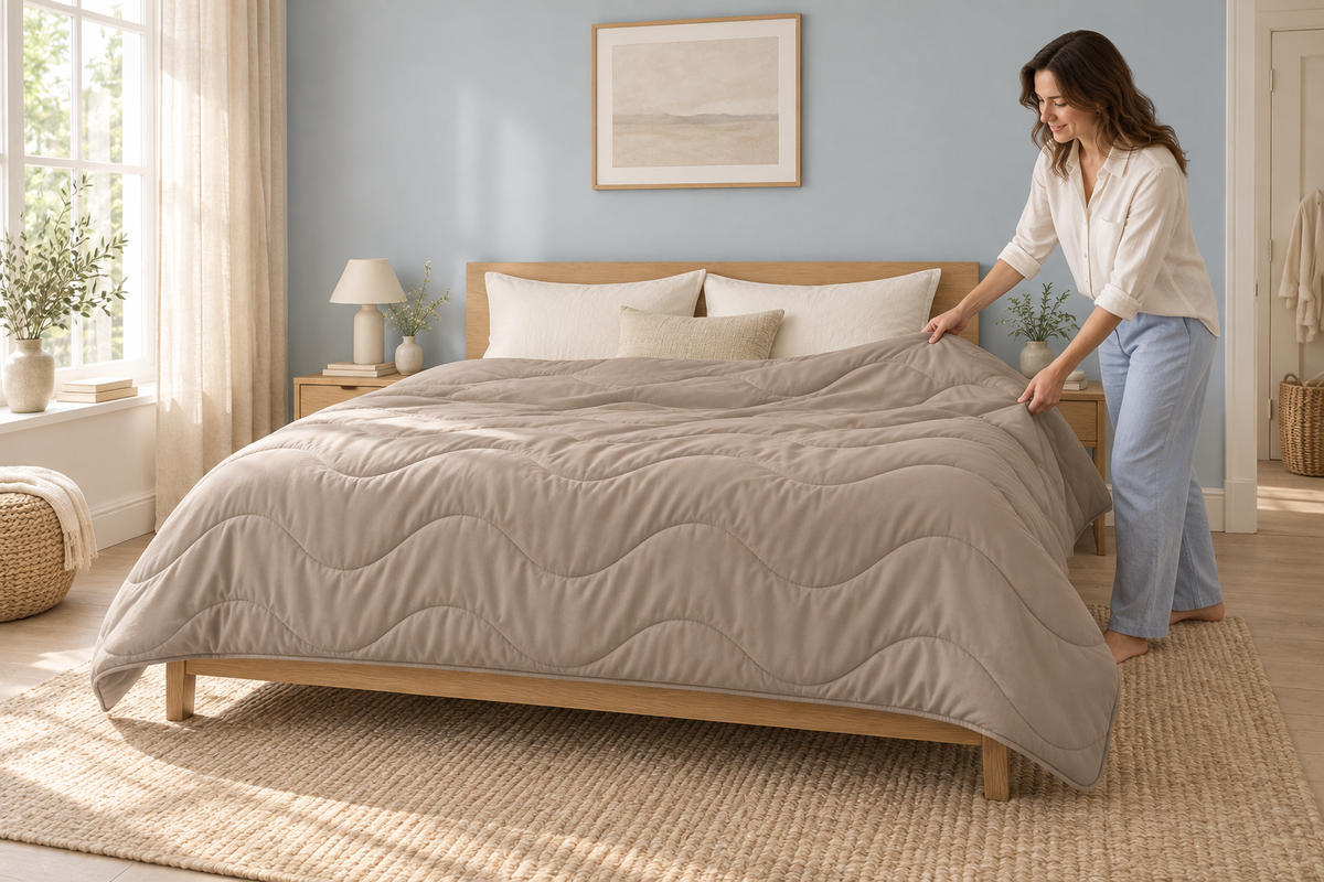 Abrigu Mono Wave Taupe wordt op bed gelegd