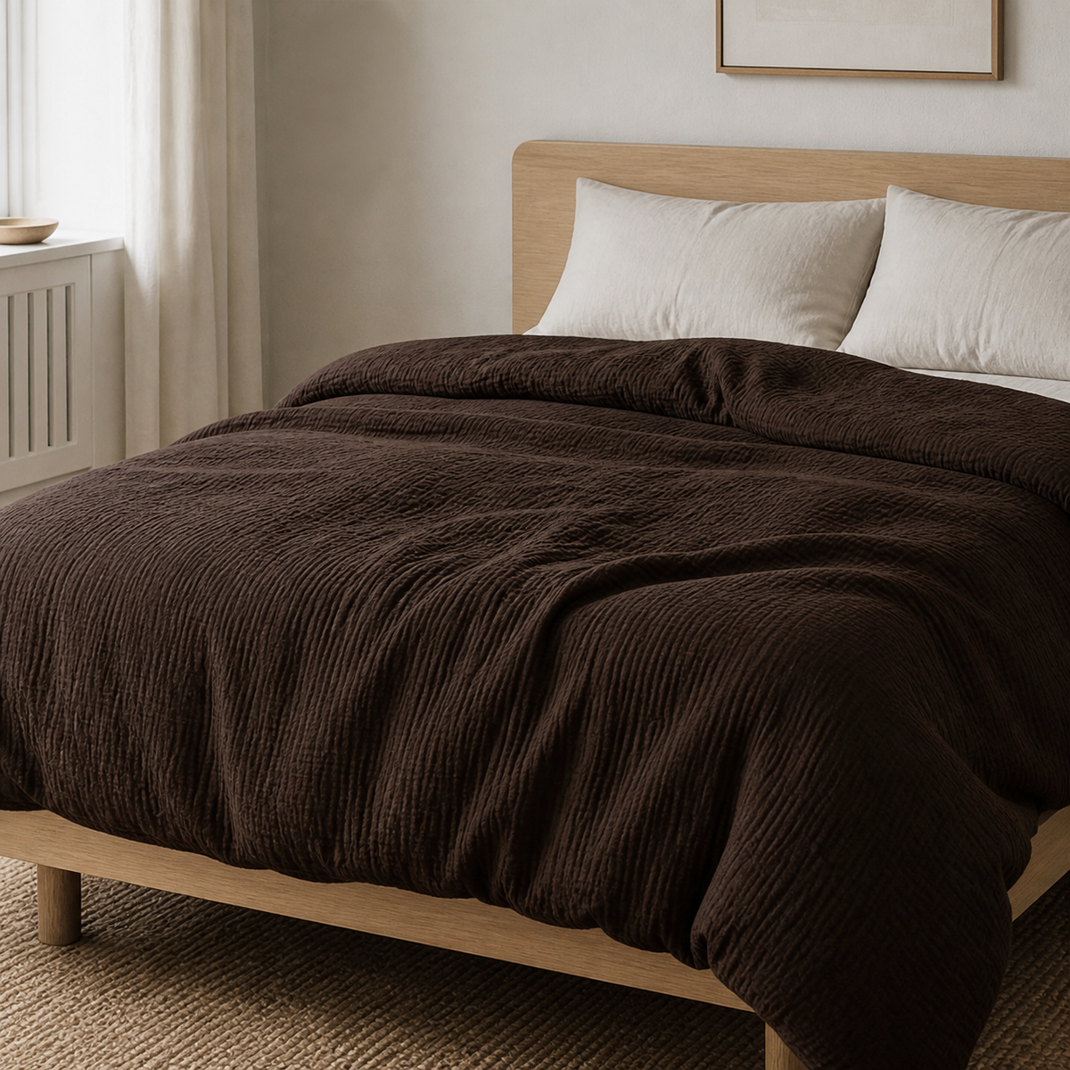Abrigu Original mousseline dekbed Chocolade op bed in een lichte slaapkamer