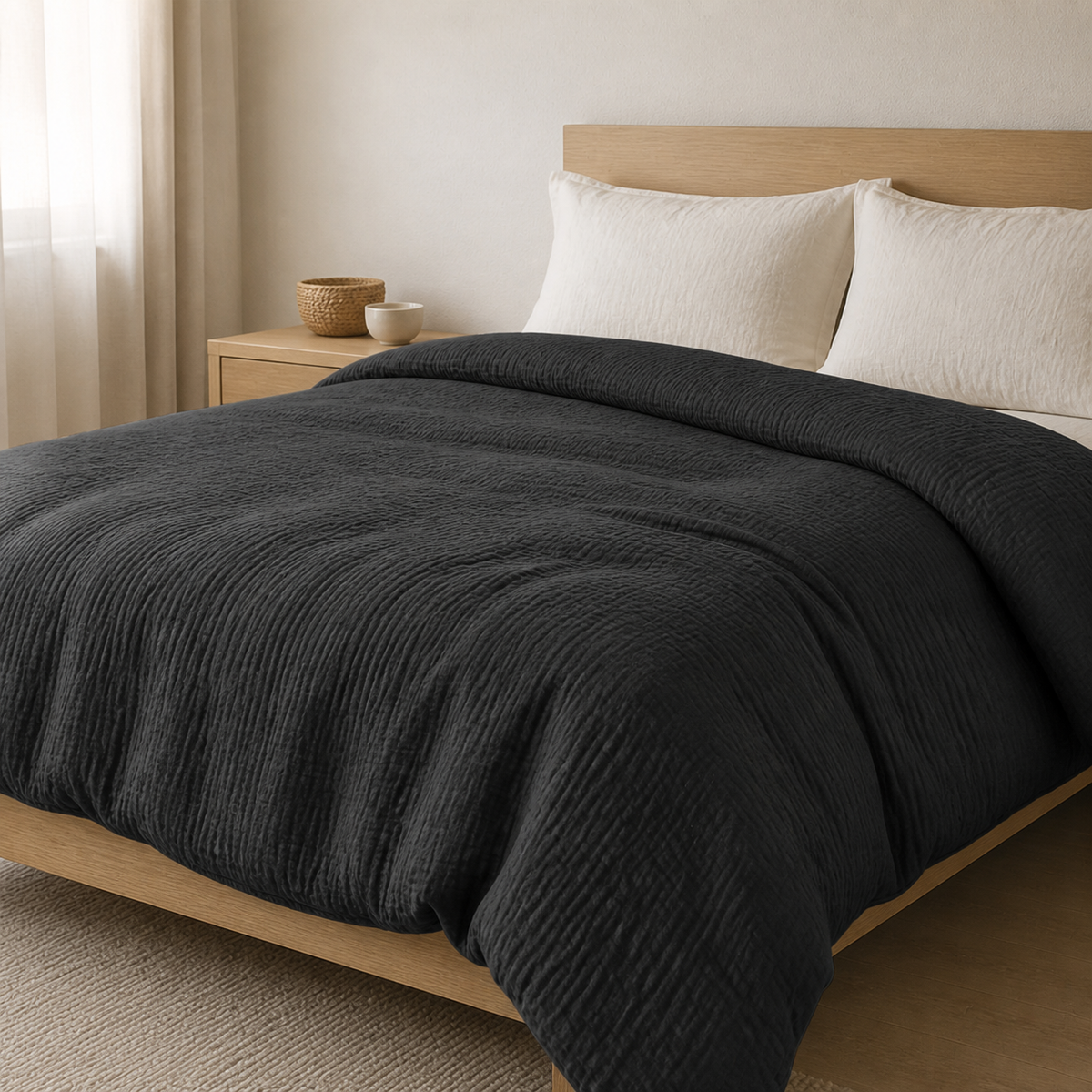 Abrigu Original mousseline dekbed Donkergrijs op bed in een lichte slaapkamer