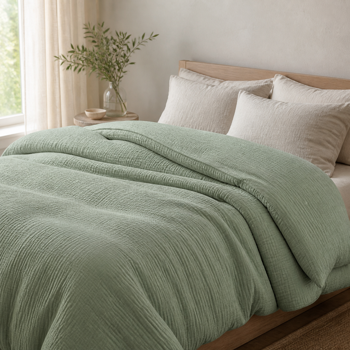 Abrigu Original mousseline dekbed Moss Groen op bed in een lichte slaapkamer