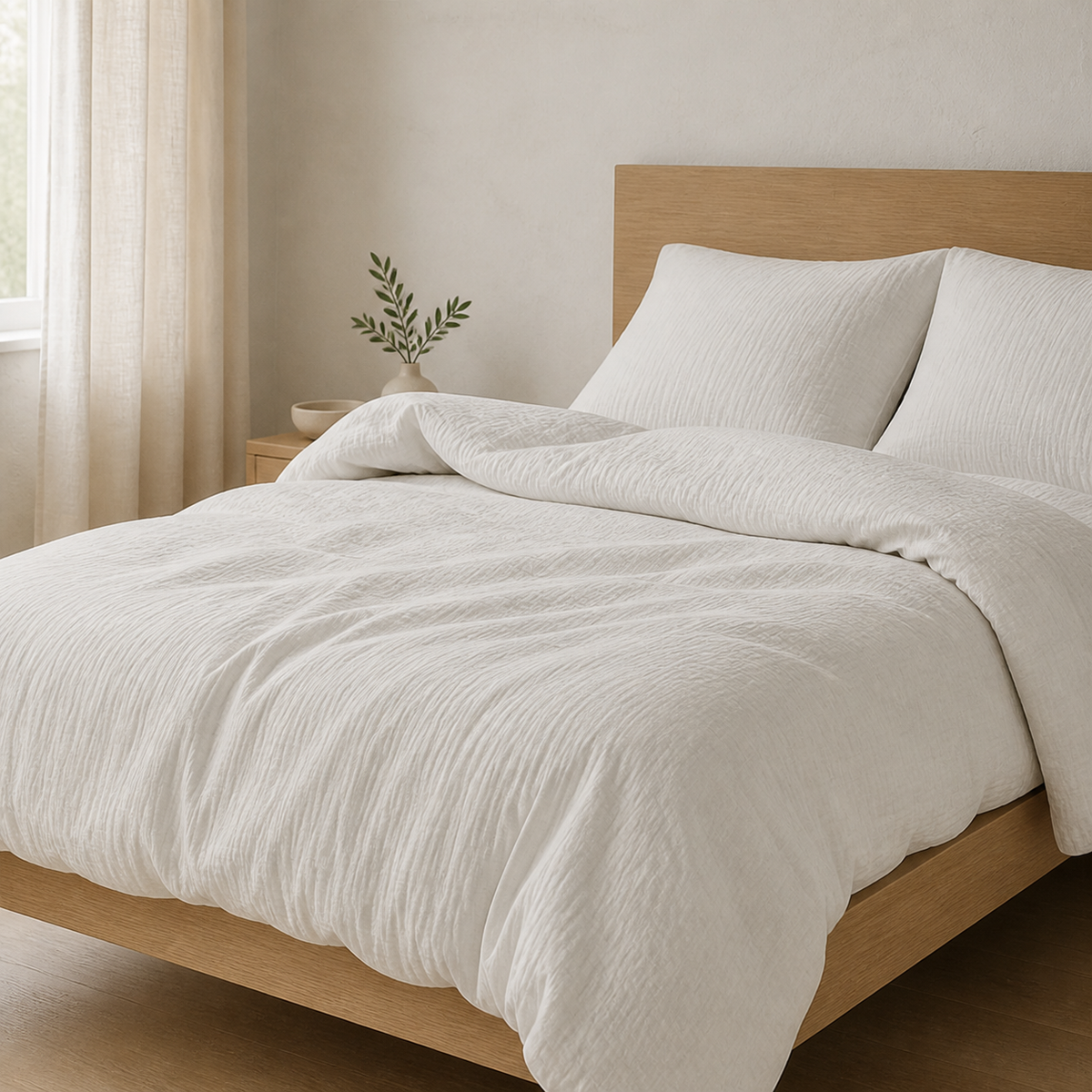 Abrigu Original mousseline dekbed Off Wit op bed in een lichte slaapkamer