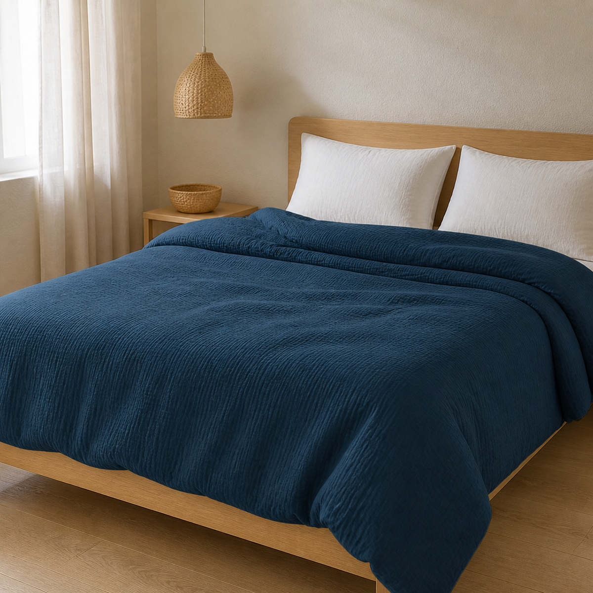 Abrigu Original mousseline dekbed Petrol op bed in een lichte slaapkamer