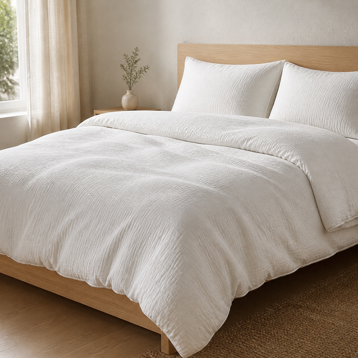 Abrigu Original mousseline dekbed Wit op bed in een lichte slaapkamer