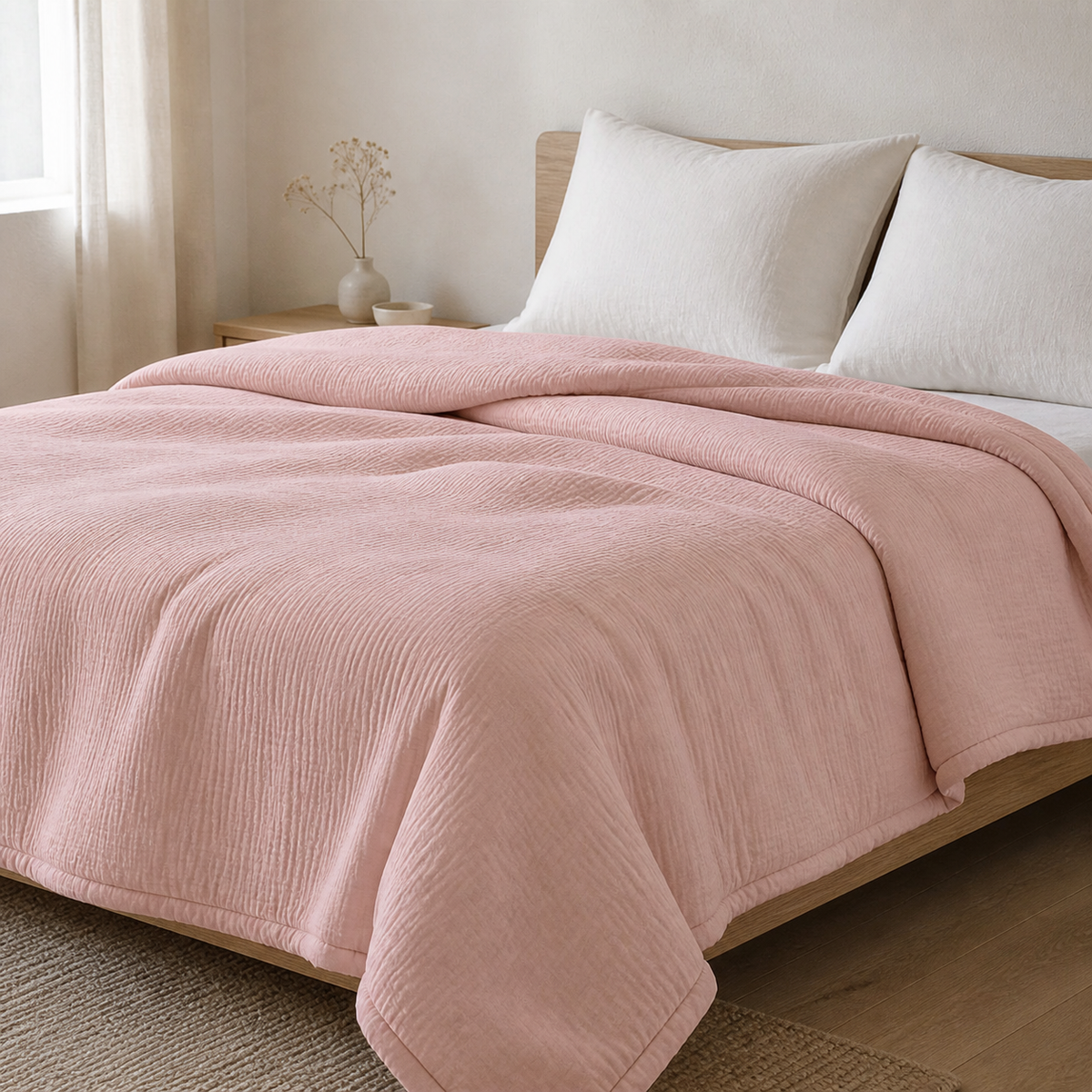 Abrigu Original mousseline dekbed Zachtroze op bed in een lichte slaapkamer