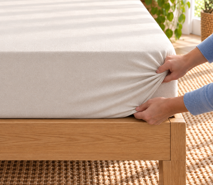 Sfeerbeeld van een crèmekleurig Abrigu-hoeslaken om een matras